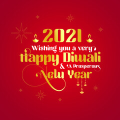 Happy Diwali 2021. Gold lettering and abstract lamp on dark red background. Modern calligraphy. Vector festival illustration as poster, greeting card, postcard, card, invitation template.