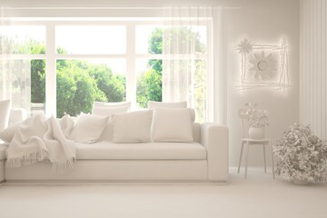 Mock up of stylish room in white color with sofa and green landscape in window. Scandinavian interior design. 3D illustration