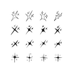 Set of shine icons, clean star icon, twinkling stars, sparkle light, shining burst vector design concept. Hand drawn, doodle elements isolated on white background