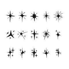 Set of shine icons, clean star icon, twinkling stars, sparkle light, shining burst vector design concept. Hand drawn, doodle elements isolated on white background