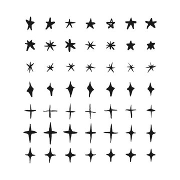 Set of shine icons, clean star icon, twinkling stars, sparkle light, shining burst vector design concept. Hand drawn, doodle elements isolated on white background
