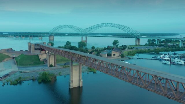 Aerial: Memphis Hernando De Soto Bridge at sunset, Memphis, Tennessee. USA