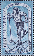 Czechoslovakia Circa 1960: A postage stamp printed in Czechoslovakia showing a cross-country skier...