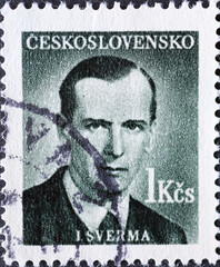Czechoslovakia Circa 1949: A postage stamp printed in Czechoslovakia showing a portrait of the politician and hero Jan Šverma
