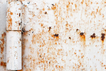 Rusty white metal gate with door hinge, close-up
