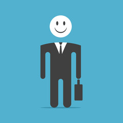 Happy businessman with big smiling face. Positive thinking, success, happiness, feedback and wellbeing concept. Flat design. Vector illustration. EPS 8, no gradients, no transparency