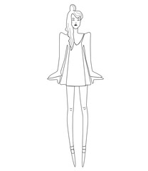 Fashion sketch illustration. Beautiful young woman in modern style .Coloring for women.