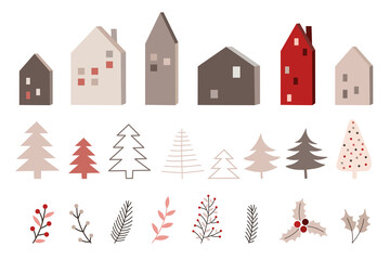 Vector hand drawn collection for Christmas and New Year. Doodle isolated illustration with houses, trees, branches. Winter holidays, baby shower, birthday, children's party