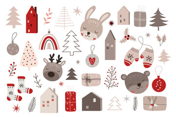 Vector hand drawn collection for Christmas and New Year. Doodle isolated illustration with houses, animals, trees, branches. Winter holidays, baby shower, birthday, children's party