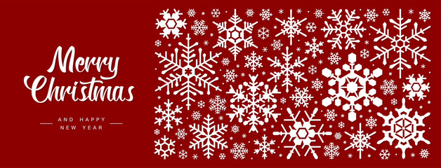 Merry Christmas and New Year typographical banner. Font & snowflakes on red background