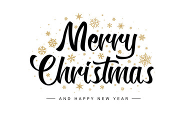 Obraz premium Merry Christmas and New Year typographical banner. Font & golden snowflakes on white background