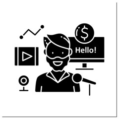 Profitable blogger glyph icon. Person with many subscribers. High influence on audience. Keep money from advertising. Small business owner.Filled flat signs. Isolated silhouette vector illustrations