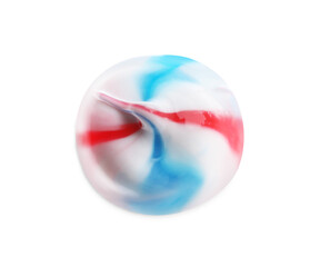 Smear of colorful toothpaste isolated on white, top view