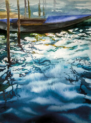 Watercolor illustration. The boat on the water. The Grand Canal in Venice. Waves, splashes and reflections on the water
