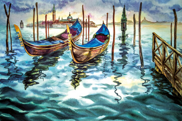 Watercolor painting. Seascape with boats. Gondolas on the Grand Canal in Venice. San Marco. © Мария Овчарова