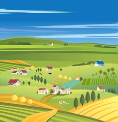 colorful composition with a rural landscape, farmland and houses 