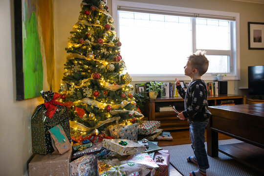 Cute toddler boy looking up at Christmas tree in living room