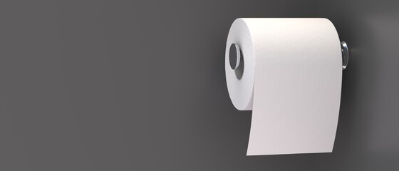 Toilet paper roll on holder, gray background. Hygiene tissue white blank, space. 3d illustration