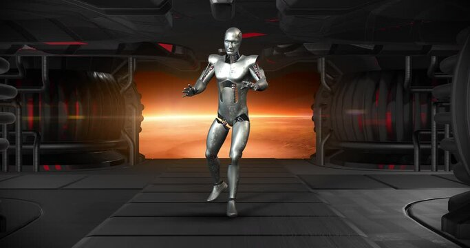 Joyful Futuristic AI Robot Dancing In Spaceship. Space Journey. Technology And Space Related 3D Animation.