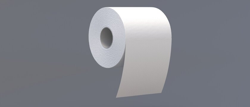 Toilet paper roll on gray background. Hygiene tissue white blank, closeup detail. 3d illustration