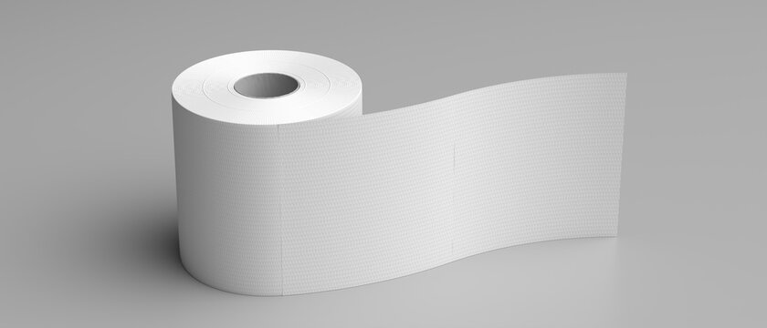 Toilet Paper Roll On Grey Background. Hygiene Tissue White Blank, Closeup Detail. 3d Illustration