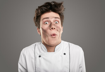 Funny chef with dirty face in studio - obrazy, fototapety, plakaty