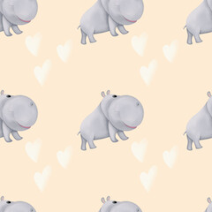 Digital seamless pattern of amazing happy hippo, behemoth, hippopotamus with smile and white hearts on yellow isolated background. For nursery design, wallpaper, textile. Illustration for kids.