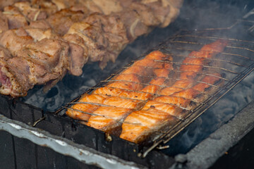 Spit meat are fried over an open fire. BBQ meat