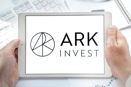 Russia Moscow 24.06.2021 Logo of financial investing fund Ark Invest in tablet. ARK's Innovation ETFs, exchange trade. Invest in disruptive technology innovation