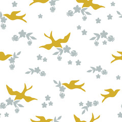 Seamless pattern. Simple gray flowers with yellow birds with twigs. Beautiful wallpaper or fabric, packaging