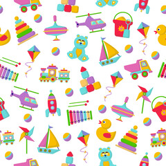 Seamless pattern with toys for children on a white background. Illustration, toy.