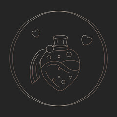 Mystic boho love elixir symbol. Hand drawn golden gradient love spell element. divination icon in doodle aesthetics design. Esoteric icon in circle on black background. Vector magic potion of love.