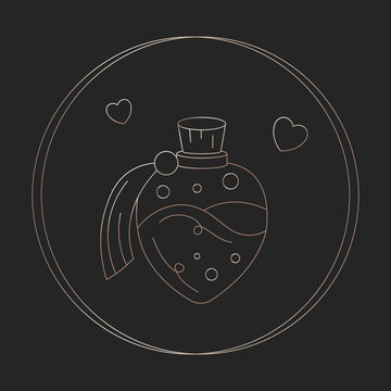 Mystic boho love elixir symbol. Hand drawn golden gradient love spell element. divination icon in doodle aesthetics design. Esoteric icon in circle on black background. Vector magic potion of love.