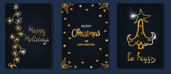 Set of christmas greeting card with hand lettering. Merry Christmas holiday invitations templates. Vector illustration.