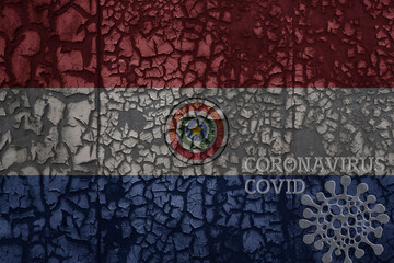 flag of paraguay on a old metal rusty cracked wall with text coronavirus, covid, and virus picture.
