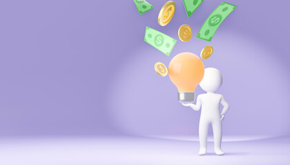 Cartoon white character holding bulb lamp with gold coin and banknote money. 3D illustration rendering.