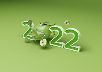 3D rendering, New Year 2022 with green apple isolated.