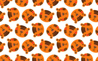 Cute cartoon tiger faces seamless pattern on white background. Hand drawn vector illustration. Flat style design. Concept for kids textile, fashion print, wallpaper, packaging, 2022 Chinese New Year.