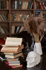 Books  with gypseous skull on table. Bookshelf background