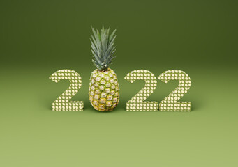 The big number of 2022 with pineapple. The new year celebrates with 3d rendering pineapple.