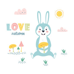 children card with cartoon cute rabbit, vector illustration