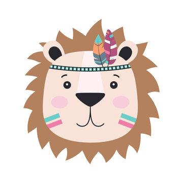card with cartoon tribal lion, vector illustration