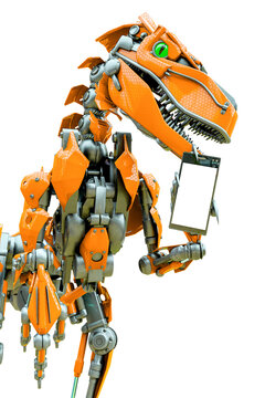 velociraptor robot holding a cellphone side view
