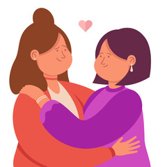 Portrait of happy lesbian couple on date. Hugs of two lesbian women with cute faces standing together flat vector illustration. LGBT, homosexual love and relationship, intimacy, homosexuality concept