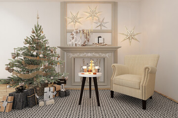 New year tree in scandinavian style interior with christmas decoration and fireplace	