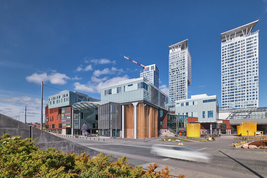 Helsinki, Finland - September 22, 2021: The square near REDI shopping mall in the Kalasatama neighborhood. The first skyscrapers in Finland