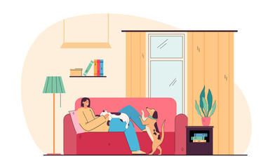 Adorable smiling young girl lying on cozy sofa with dog and cat. Portrait of happy pet owner on couch at home flat cartoon vector illustration. Relax, hygge, love of animal concept