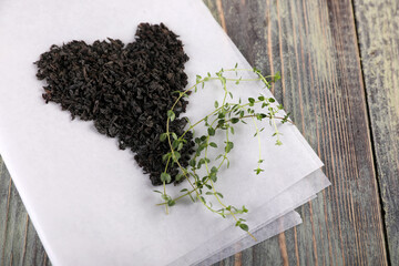 Black tea brew and fresh lemon thyme