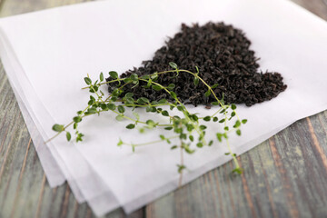 Black tea brew and fresh lemon thyme