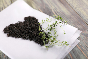 Black tea brew and fresh lemon thyme